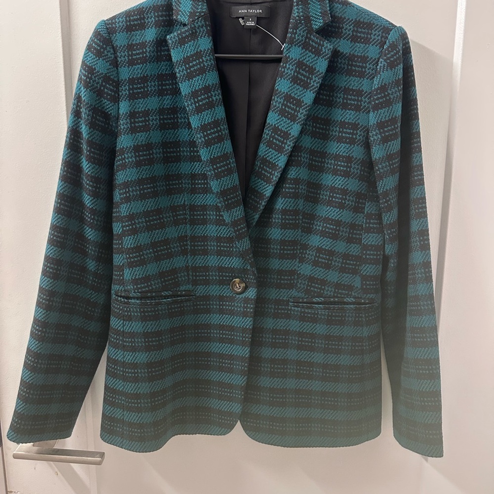 Ann Taylor Teal and Black Plaid Blazer
